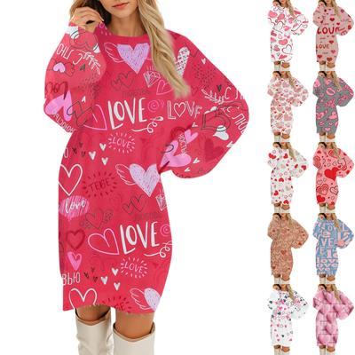 Women's Round Neck Casual Long Sleeve Plush Valentine's Day Printed Dresses