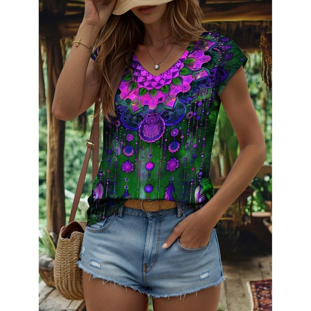 3D Floral Printed Women's T-shirts, V-neck T-shirts, Women's Casual Short-sleeved T-shirts, Casual Wear