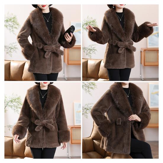 Women's Furry Coat with Faux Fur Collar And Cuff Winter Warm Belted Fuzzy Jacket Long Sleeve Open Front Fluffy Outerwear