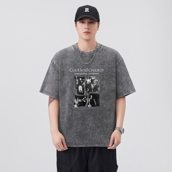 

2026 Men s Retro Snowflake Print Heavyweight Round Neck Loose Short Sleeve T-shirt L темно-сірий
