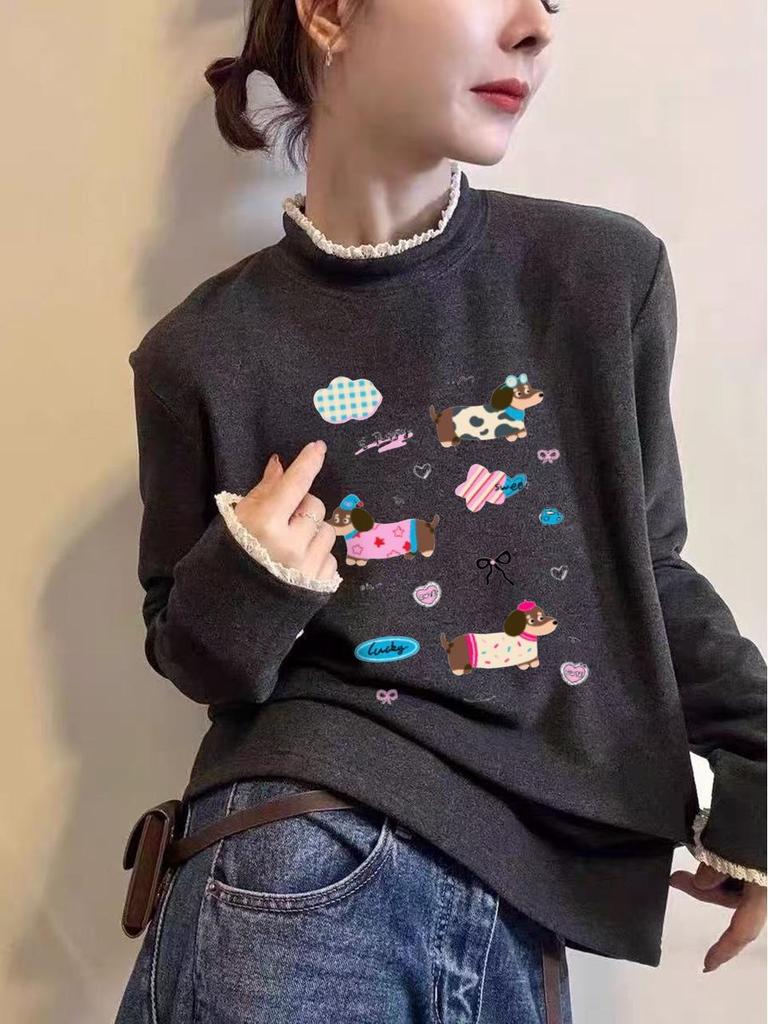 Lace Collar Cartoon Print Velvet T-Shirt: 2025 Autumn/Winter, Plus Size, Half-High Collar, Long Sleeve, Women's Trendy Style
