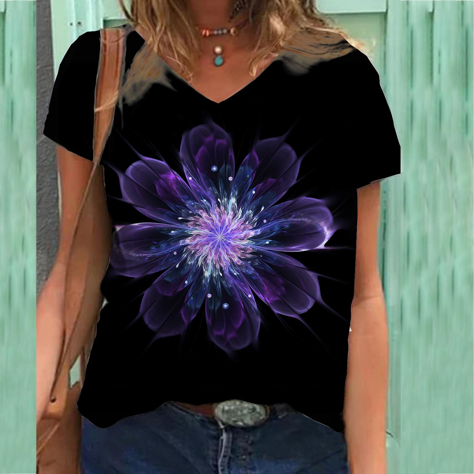 

Футболка большого размера с принтом «Кошка, птица, цветок», 3D-принт, женская футболка с короткими рукавами и V-образным вырезом с принтом, 3D-принт 3XL