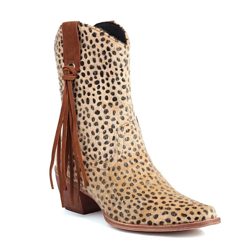 Fashion New Vintage Pointy Toe Horsehair Cowboy Boots Women Retro Leopard Block Heels Slip on Shoes Big Size 43