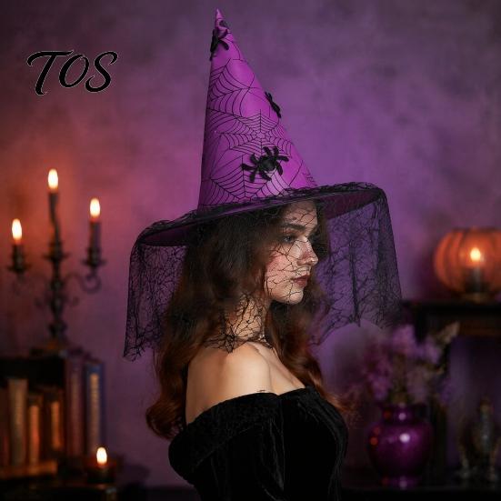 Dark Theme Stage Performance Hat Halloween Witch Hat, with Lace Mesh And Simulated Spiders, Gothic Costume Accessories for Carnival Nights Style