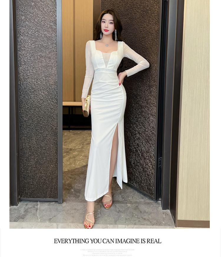 Sexy low-cut diamond-encrusted mesh with split ends and slim-fitting long hip-wrapped dress, foot-length dress, work clothes.