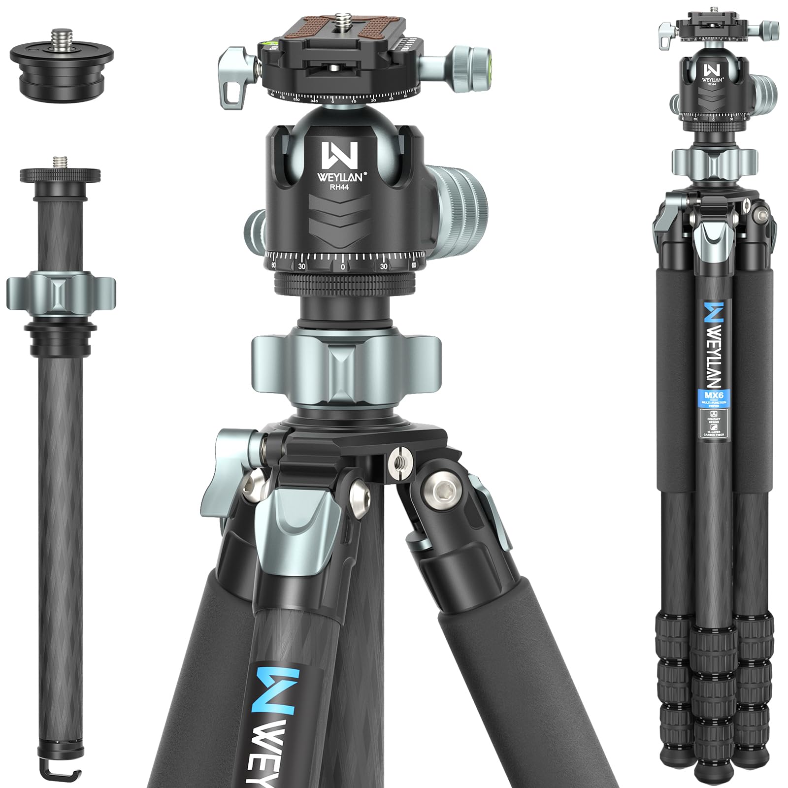 

WEYLLAN Carbon Fiber Lightweight and Adjustable 25kg Load Reversible Center Flexible 179cm Telescopic Compatible with Digital and Smartphones Tripod,