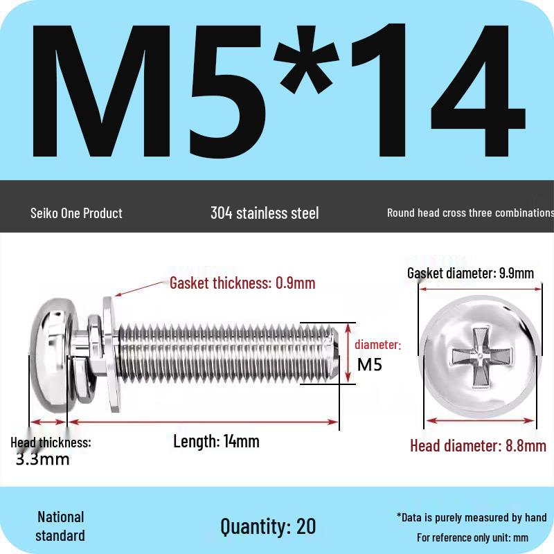 304 Stainless Steel Phillips Round Head Screw with Flat Washer M3/M4/M5/M6