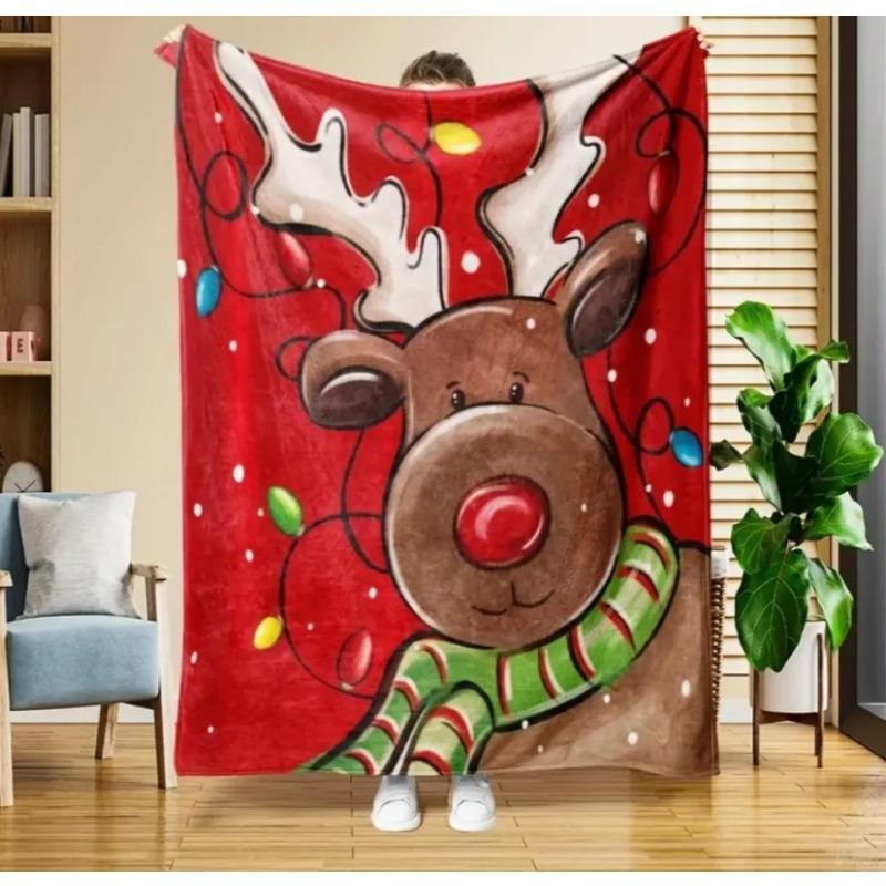 Festive Christmas Flannel Throw Blanket Soft Warm Blanket for Couch Bed Cute Deer Pattern Comfortable Cozy Lightweight Blankets