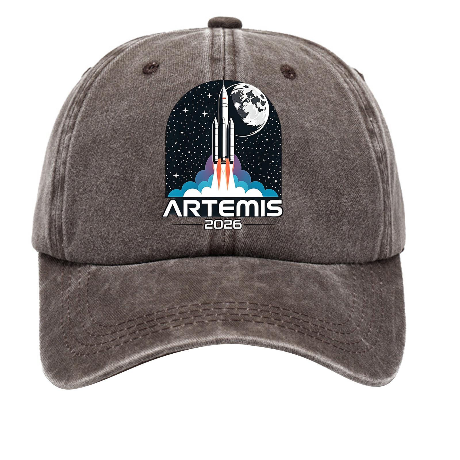 

Washed Cotton Soft Top Baseball Cap Vintage Style Denim Hat with Printed Rocket and Moon Graphic Adjustable Back Strap One Size кофейный