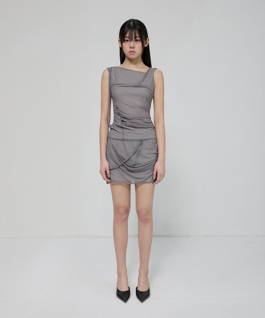 Peulleeoeob Draped Mesh Layered Mini Skirt (Fl-265_Gray)