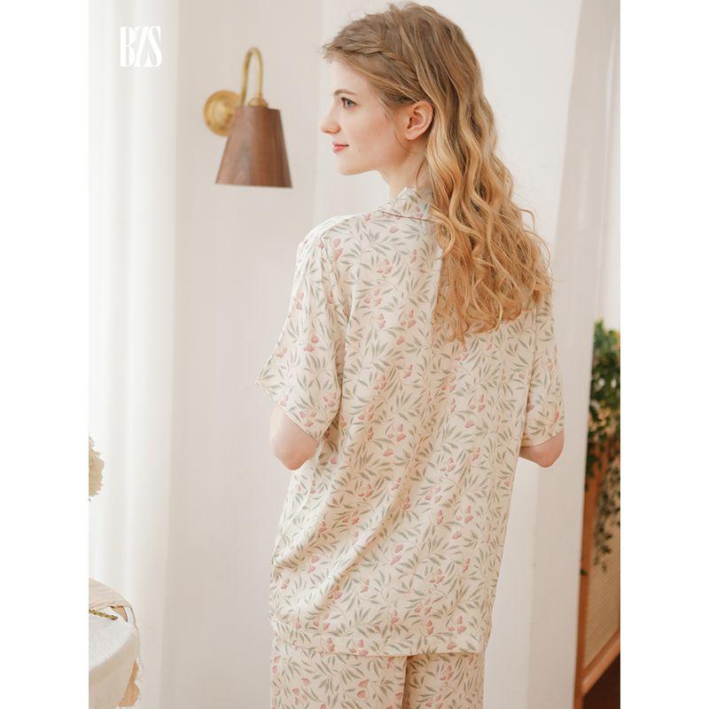 2024 Summer Pajamas Women's Short Sleeve Pants Tribute Satin Cotton Silk Placket Minimalist Floral Can Be Outerwear Homewear Suit
