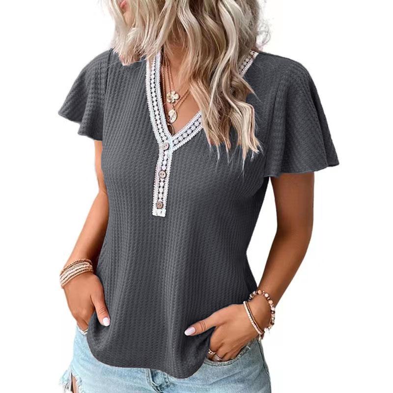 Women's Solid Color V Neck Waffle Panel Short Sleeve T-Shirt
