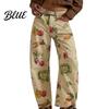 Wide-leg Denim Pants for Women Barrel Jeans Floral Print Boyfriend Baggy Casual Mid Rise Wide Leg Ankle
