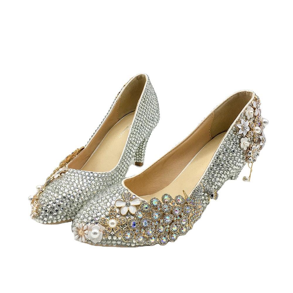2025 silver rhinestone peacock high heels 5cm round head shallow mouth crystal women's shoes