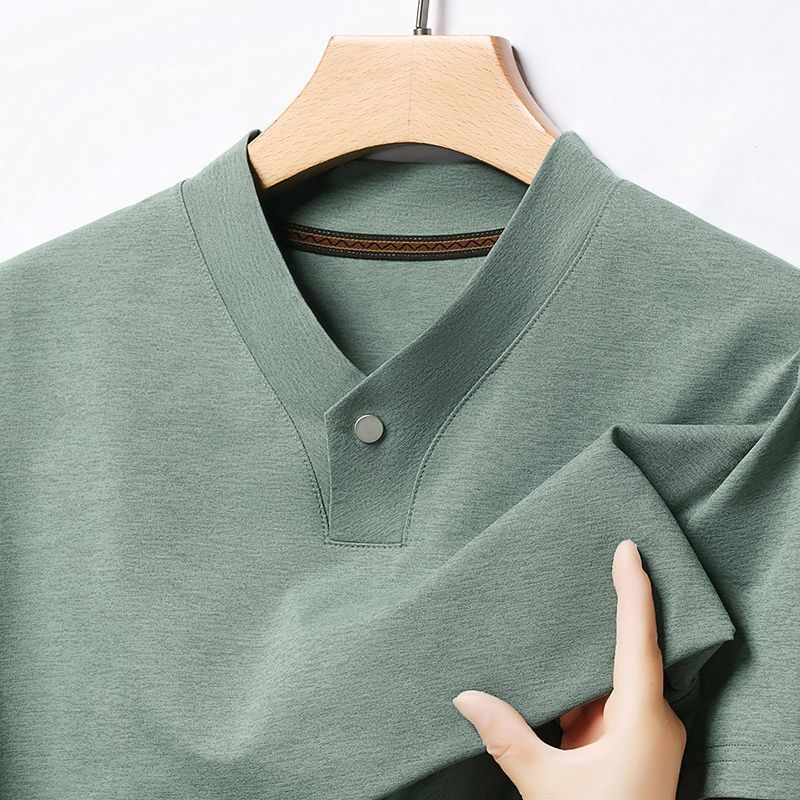 

New Mid-Aged Men s Short Sleeve Solid Print Thin T-Shirt V-Neck Summer Wear Wrinkle-Resistant 4XL