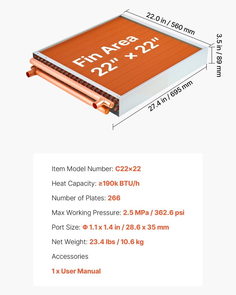 Water To Air Heat Exchanger, 559 X 559 Mm Finned Tube HVAC Heat Exchanger Coil with Copper Tubes & Aluminum Fins, 190K BTU Output for Outdoor Wood