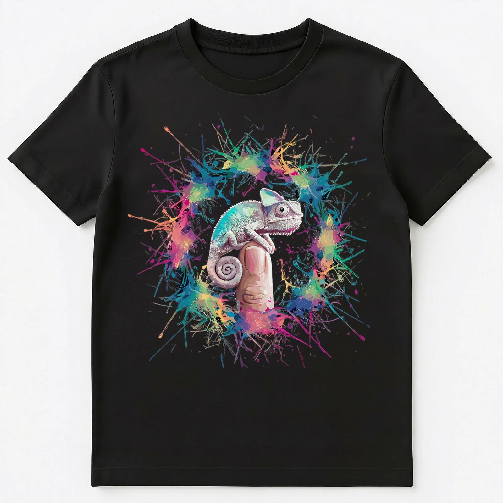 Colorful Paint Splash Tiny Chameleon On Finger Art Graphic Unisex T-Shirt 2XL