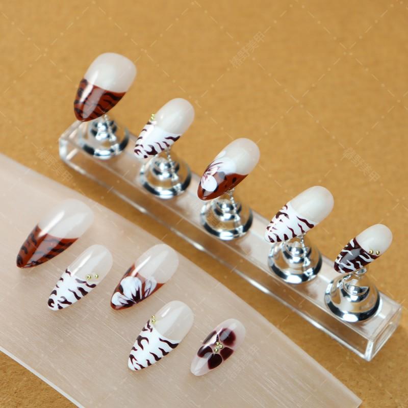 Removable Press-On Nails With Zebra Stripe Caramel Ombre Design French Tip Almond Shape Women L Includes 3 nail art stickers