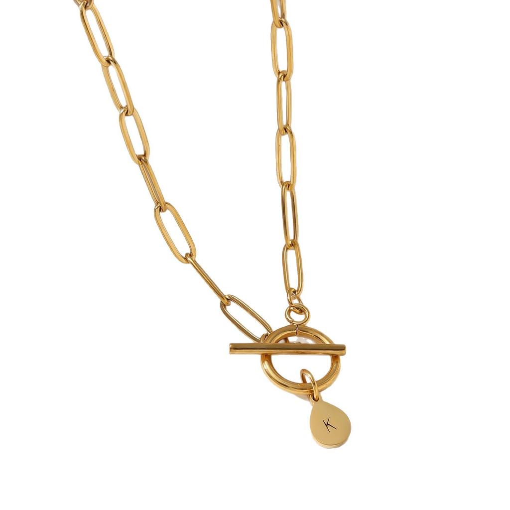 26-Letter Round Pendant Necklace for Women - Stainless Steel Paperclip Chain