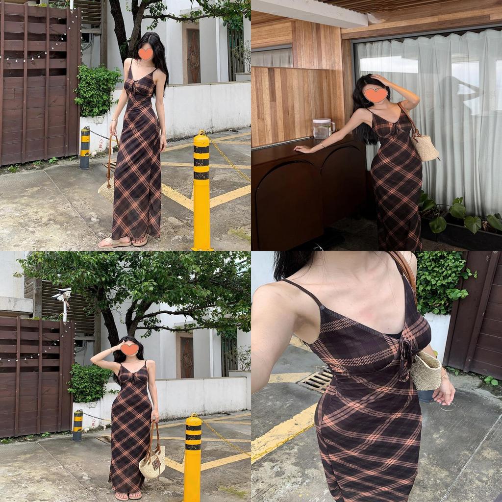Vintage French Style Gingham Slip Dress With Mesh Overlay For Summer Casual Wear
