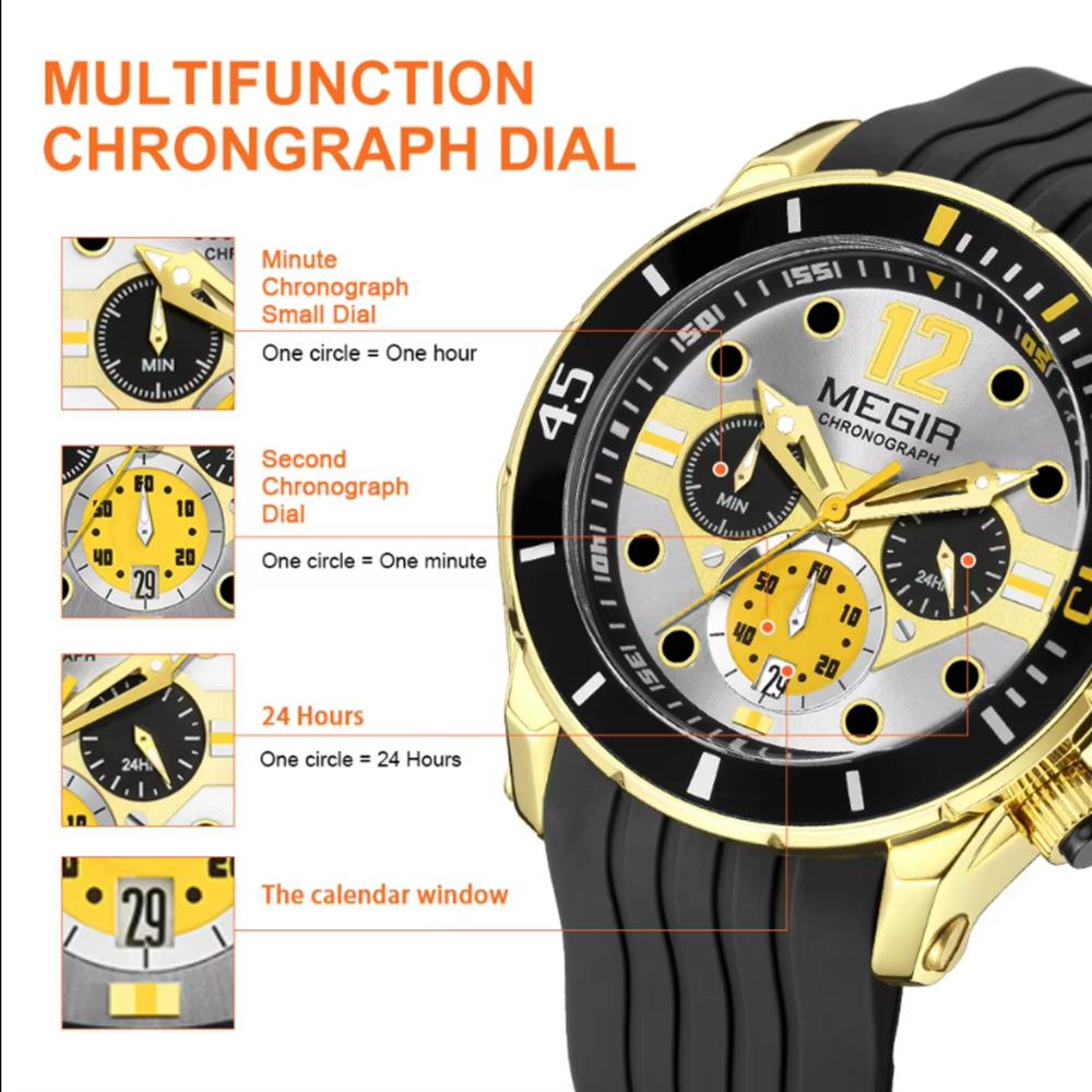 Fashion Waterproof Quartz Watches for Men Luxury Military Sport Chronograph Wristwatch with Silicone Strap