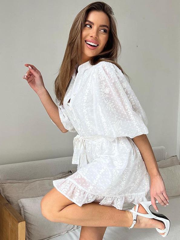 French Jacquard Stand-up Collar Tie Dress 2024: European & American Spring/Summer Fashion, Elegant Cross-border Short Skirt for Women