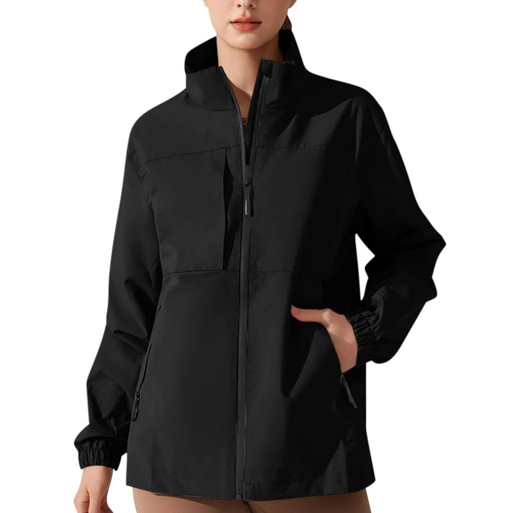 Giacca antipioggia da donna a righe solide Outdoor Plus Impermeabile con cappuccio impermeabile antivento