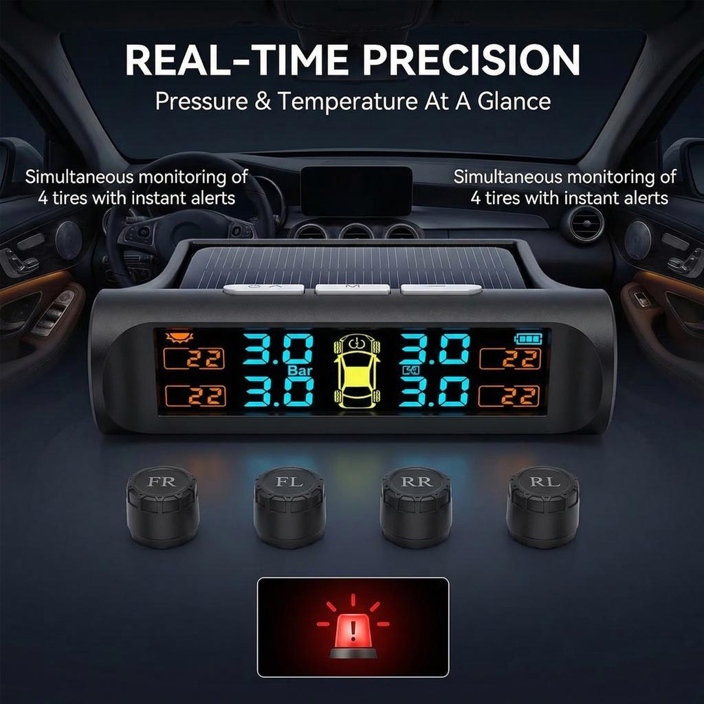 Tire Pressure Monitoring System Wireless Solar Powered with 4 External Sensors, Real-Time LCD Display, 6 Alarm Modes for RV Trailer Truck SUV
