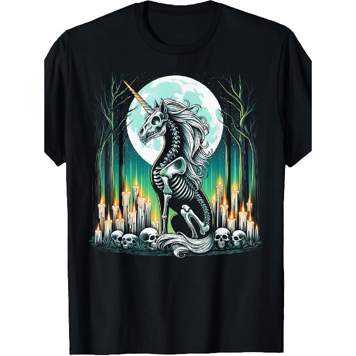 Gothic Unicorn Skeleton T-Shirt - Black 180 G/m2 Sizes S-XXXL, -.& Green Glowing Magical Night Design with Unicorn & Skulls - Casual Short Sleeve
