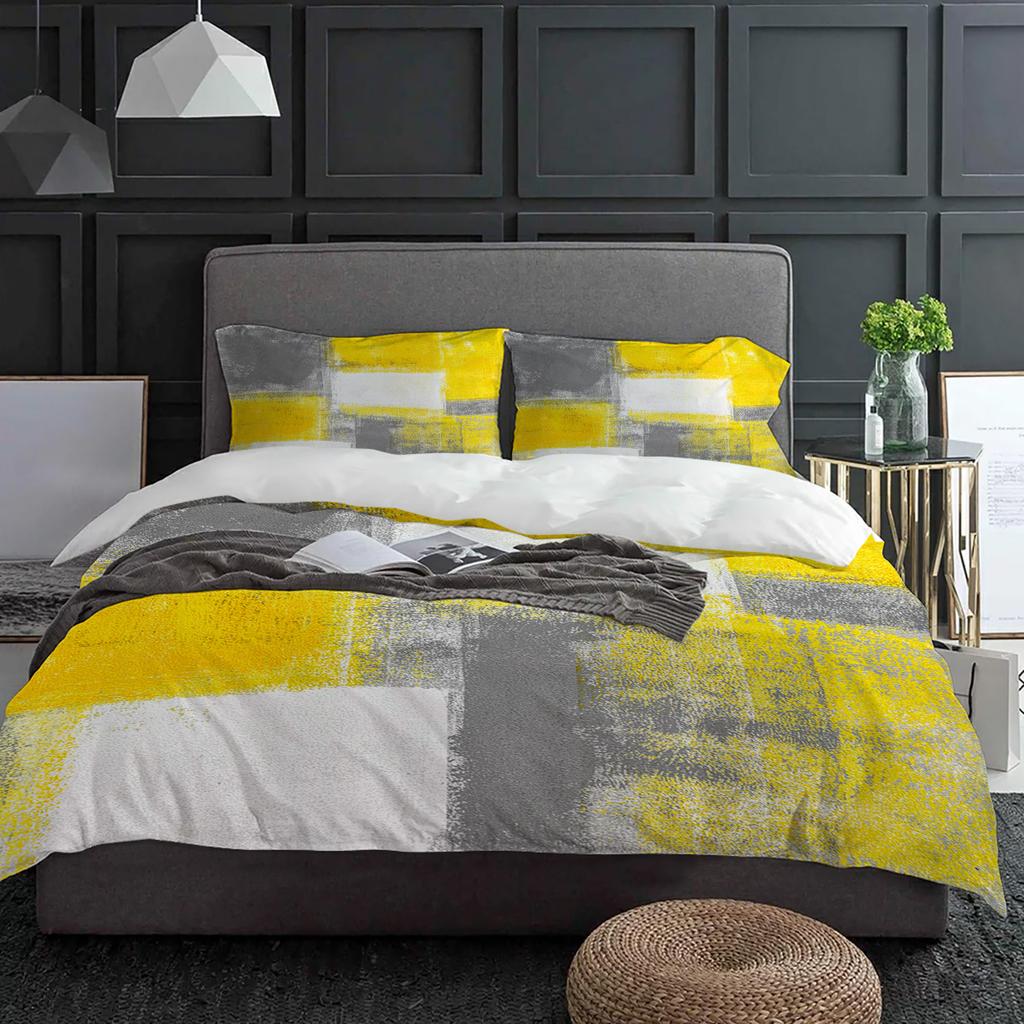 Oil Painting Abstract Geometric Yellow Gray Duvet Cover With Pillow Case 3pcs Bedding Set Quilt Cover Double Bed Home Textile