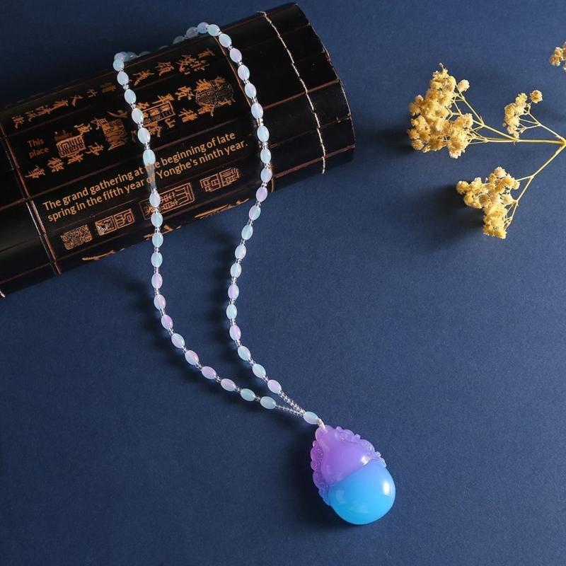 Amber Beeswax Gradient Purple-Blue Necklace Water Drop Flowers Pendent Necklace For Women Unisex Beaded Pendant Ornaments Gift