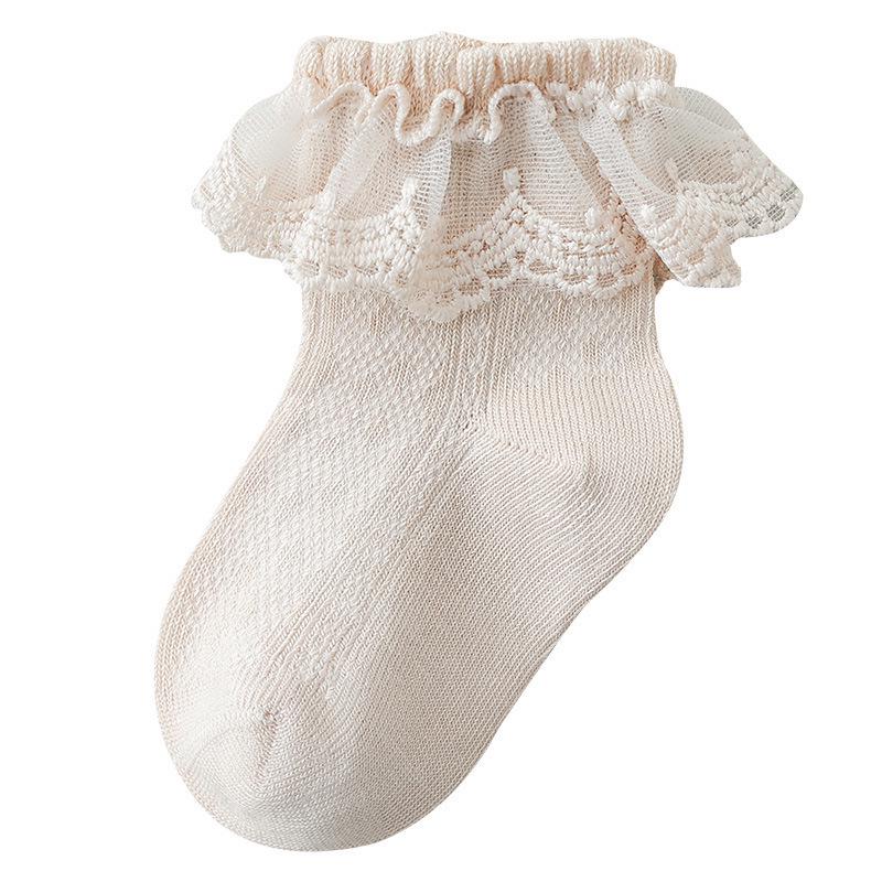 Girls' Combed Cotton Lace Mesh Socks - Breathable, Seamless, Solid Color Spring/Summer Princess Style