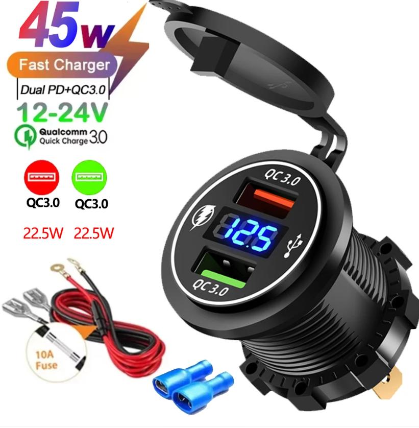 PD+QC3.0 Fast Charging USB Car Charger Socket with Voltmeter, Aluminum Alloy Waterproof Power Outlet