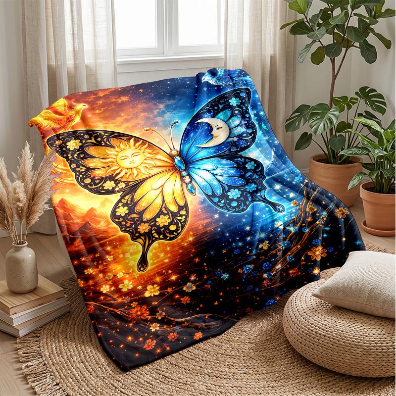 Sun Moon Butterfly Theme Blanket Lightweight Warm Flannel Blanket Decorative Throw Blanket for Home Decoration
