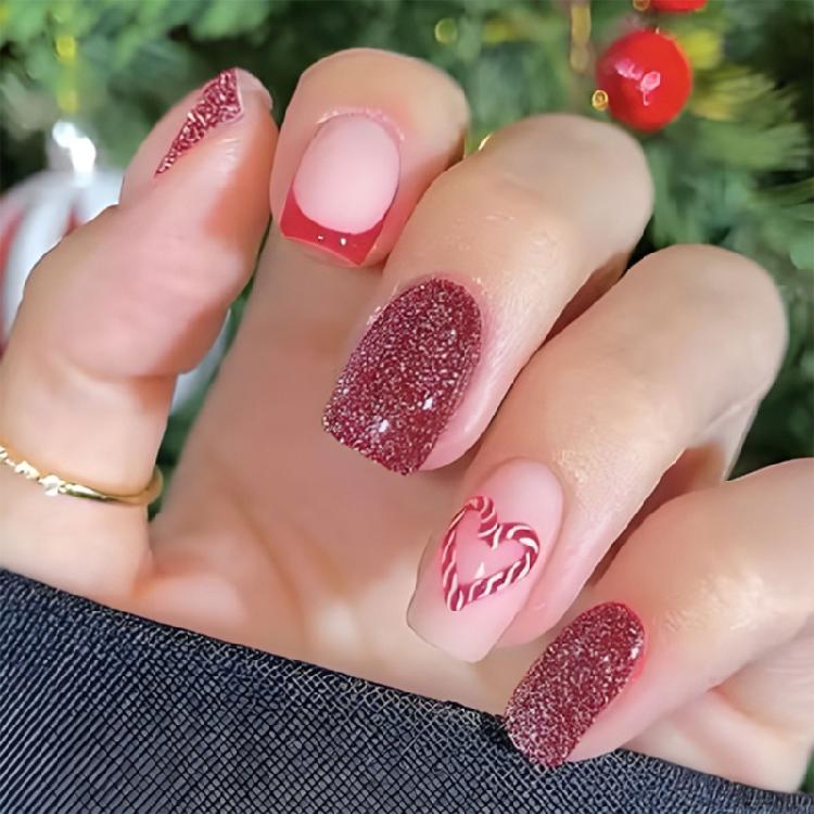 

24 Pcs Valentines Day Stick on Nail Heart Full Cover False Nail French Tip Press On Nail Manicures Supplies for Woman 1