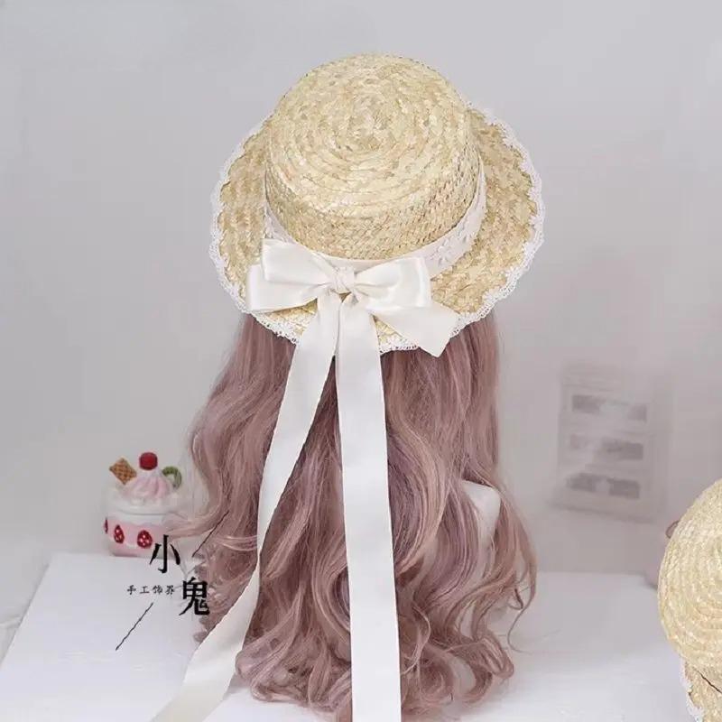 Small Sweet Lolita Straw Hat Lolita Princess Lace Bow Ribbon Straw Hat Women Girls Summer Straw Hats Beach Sun Hat