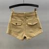 Khaki Flanged Denim Shorts Women's Summer New High-waisted Slim-fitting and Thin A-word Spice Girl Tooling Hot Pants