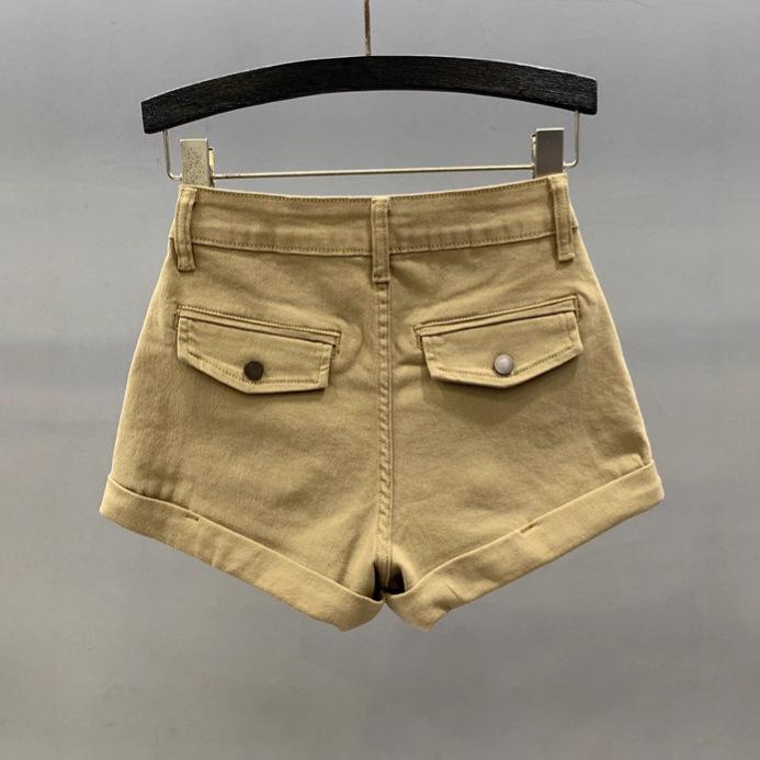 Khaki Flanged Denim Shorts Women's Summer New High-waisted Slim-fitting and Thin A-word Spice Girl Tooling Hot Pants