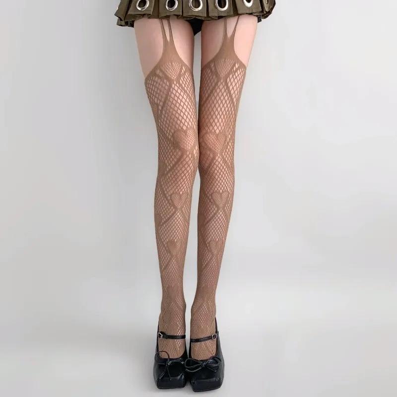 Women Sexy Love Heart Fishnet Stockings Sweet Girl Gothic Hollow Out Brown Black Pantyhose Y2K JK Cosplay Party Mesh Leggings