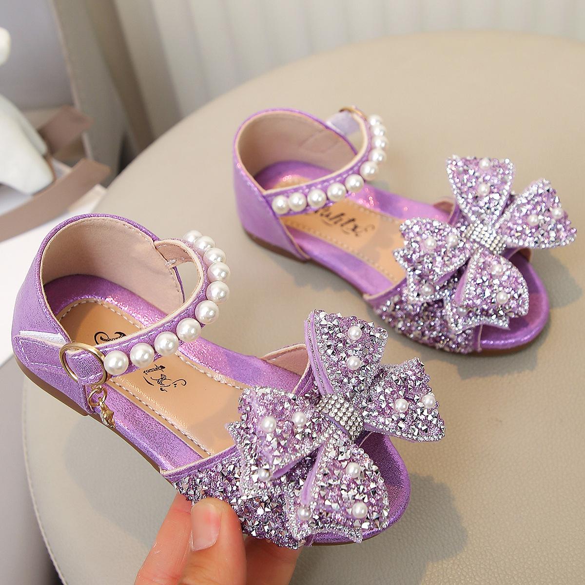 Summer Pearl Bow Rhinestone Flat Sandals for Little Girls - Open Toe Princess Style Size 24, Insole 15cm