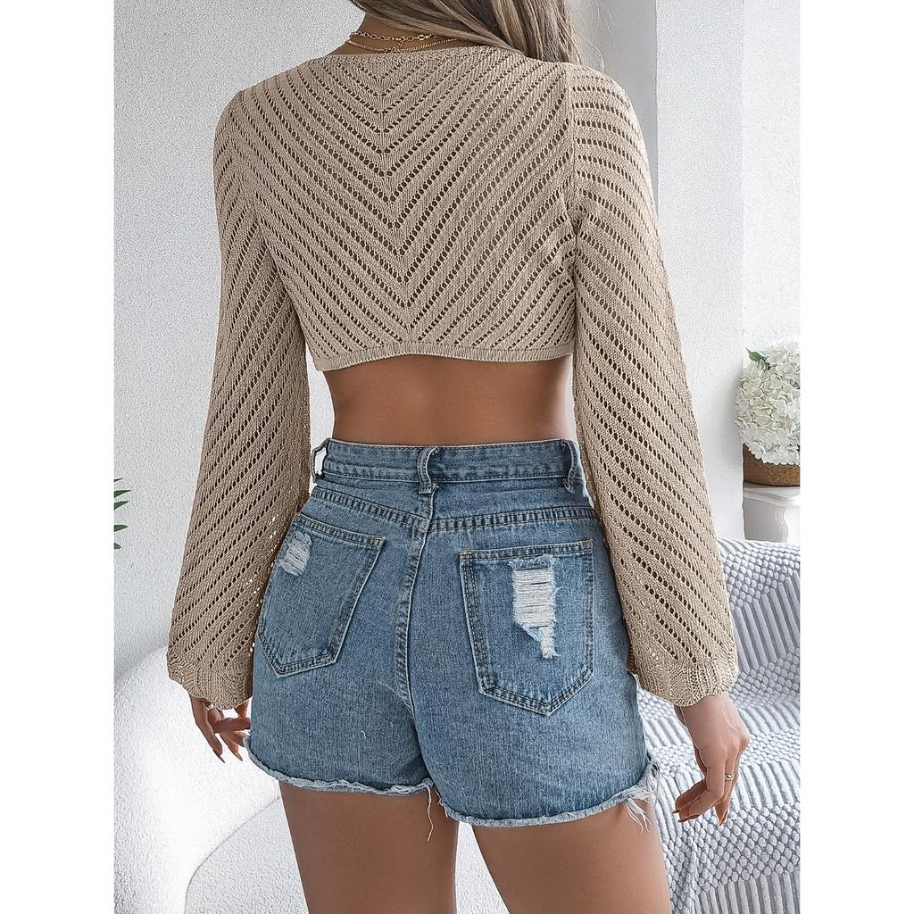 GMXIA Summer Hollowed-out Striped Tie Long-sleeved Crop Top Knitted Cardigan for Women with Sun Protection