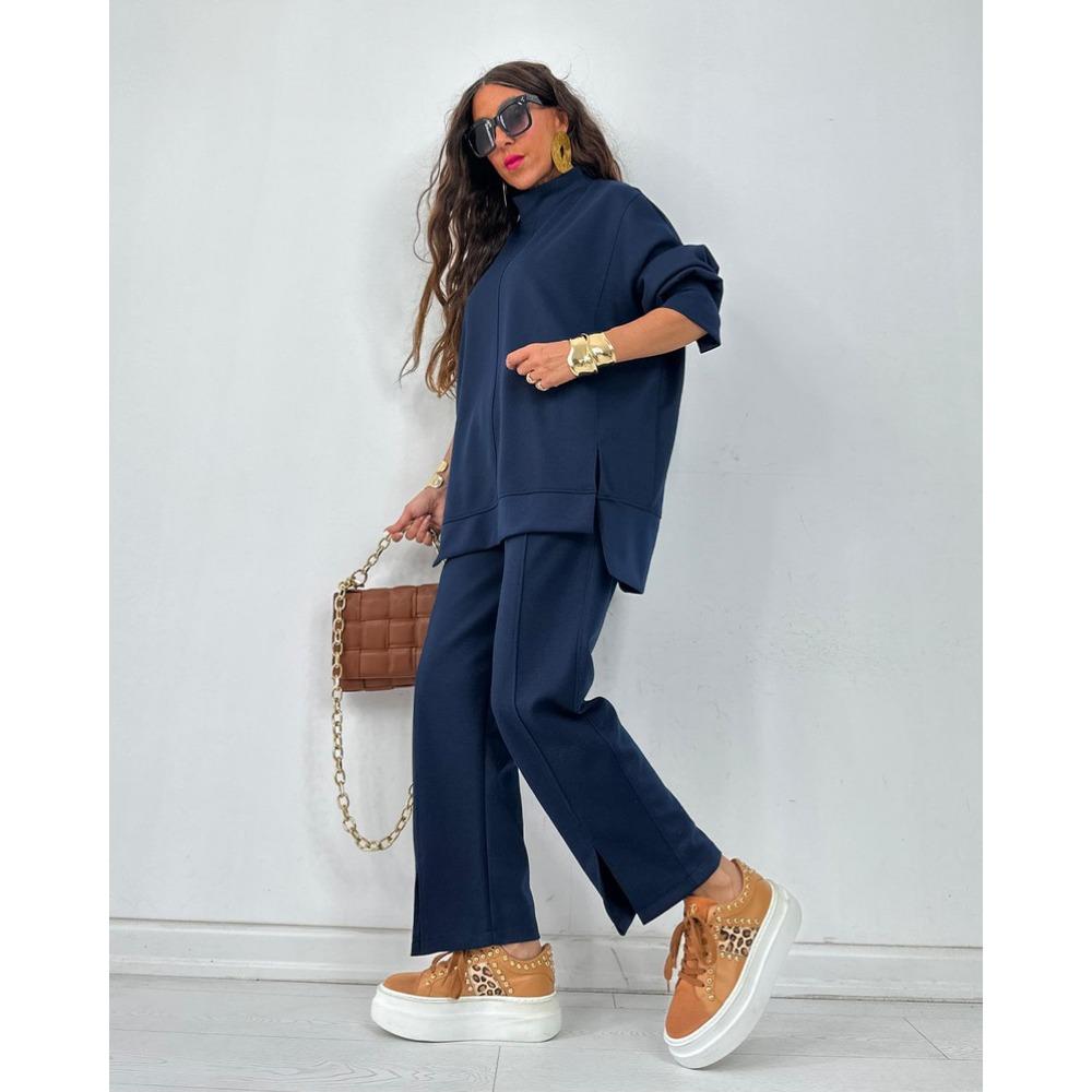 New Autumn and Winter Women's Fashion Casual Set, Solid Color Long-sleeved Shirt and Long Pants Split Two-piece Set