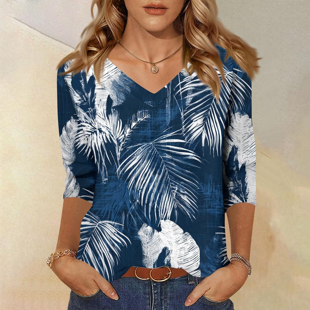 Womens V Neck Shirt 3/4 Sleeve Loose Fit Casual Blouse Floral Print Lightweight Top for Everyday Wear