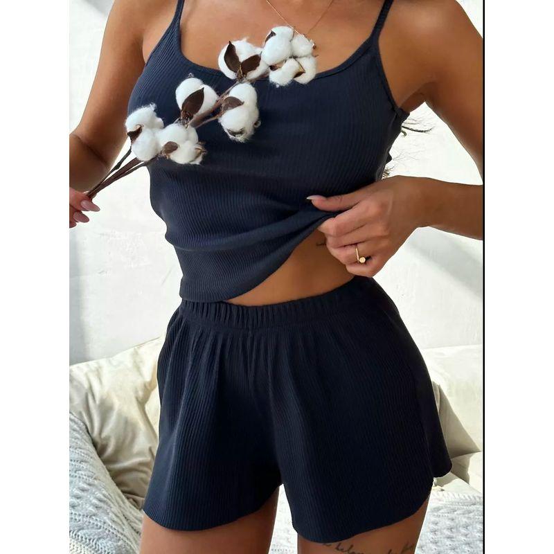 

Summer Sexy Camisole Pajamas Women s Pure Color Vest Shorts Stretch Slim Looking Rib Fashion Leisure Pajamas Sportswear Tibetan Blue XL