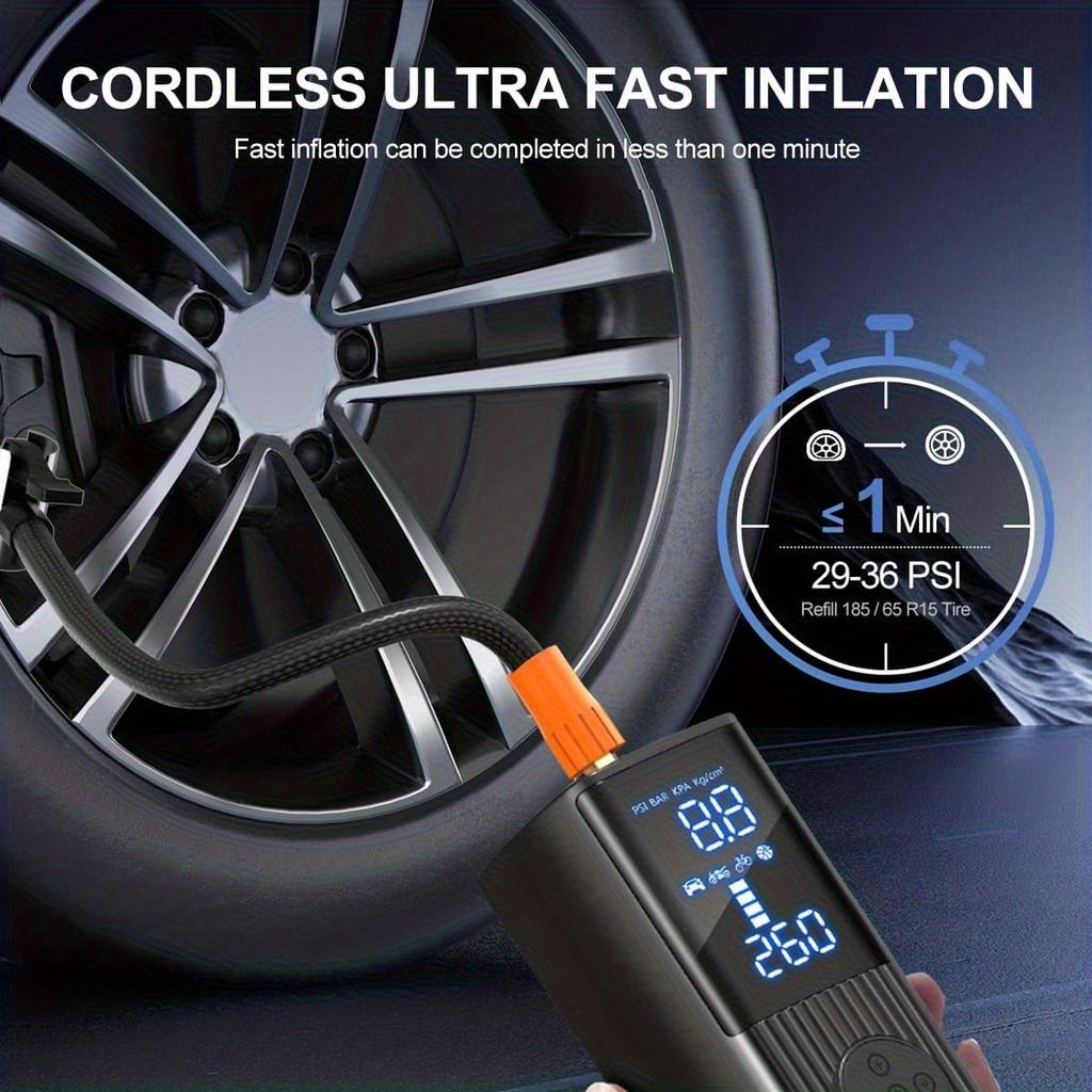 Portable Tire Inflator with Digital Pressure Gauge | 180 PSI, Rechargeable Battery, LED Light, Cordless, Suitable for Cars, Motorcycles, Bicycles
