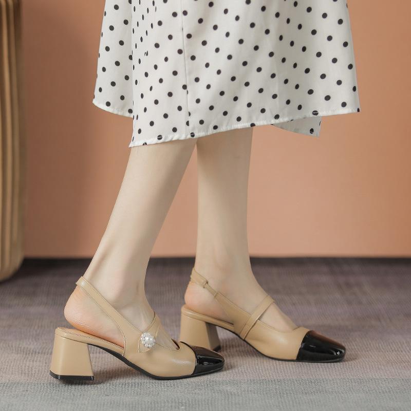 Fashion 2025 Classic Mixed Color Sandals Women Slingback Mary Janes Pearl Belt Med-High Heels Shoes Ladies Office Dress Tacone Sandalias
