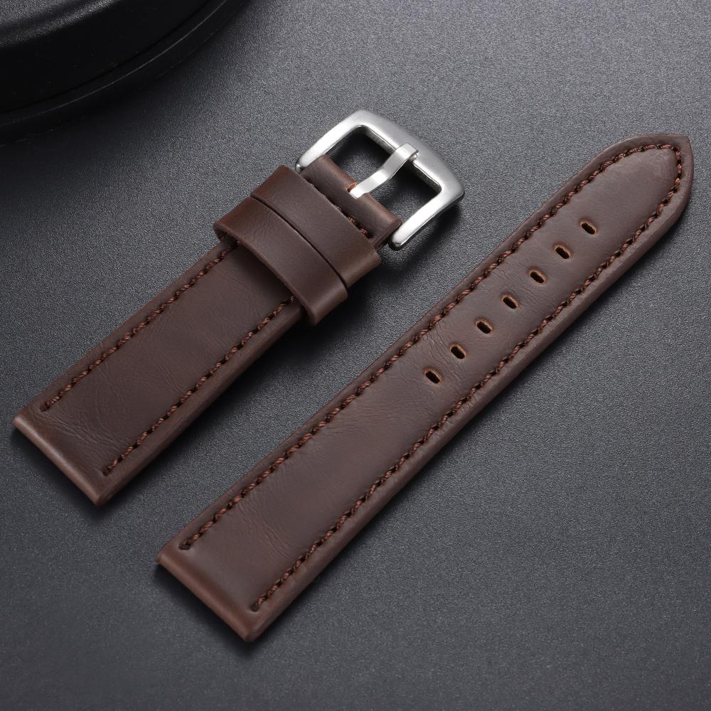 18mm 20mm 22mm 24mm Stitching Sports Watch Band Brown Genuine Leather Watch Strap Men's Steel Clasp Bracelet Universal Wristband