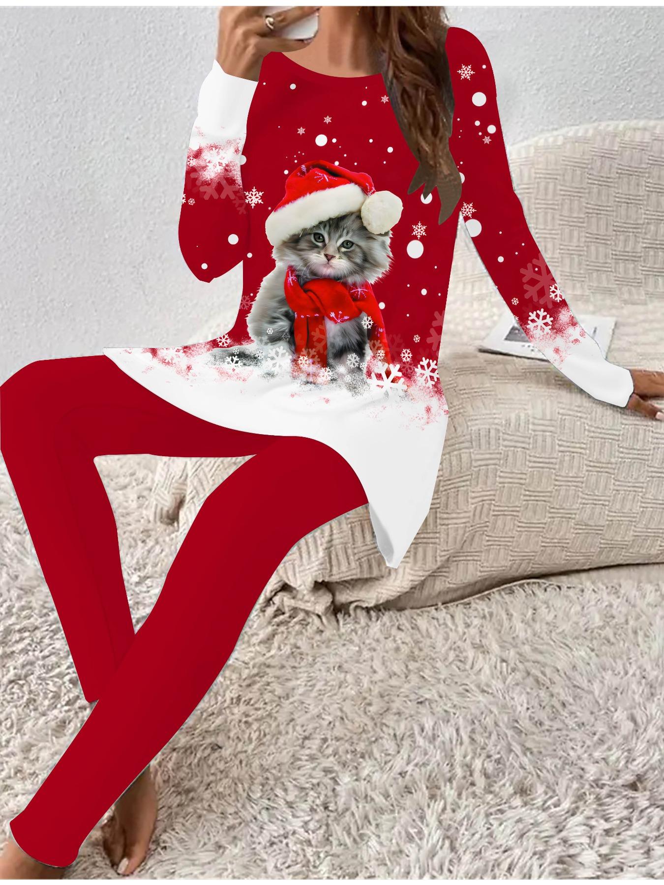 

Euro-American Fashion 3D Christmas Printed Women s Four-season Long-sleeved T-shirt + Long Pants Two-piece Set. Perfect Gift for New Year & Christmas 1XL