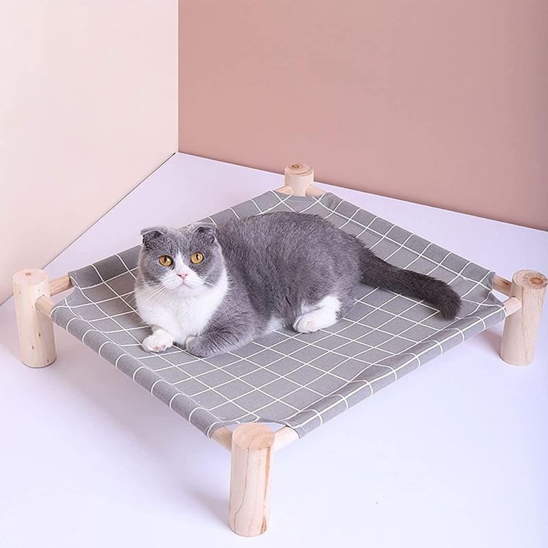 1Set Cat and Dog Hammock Bed  Wooden Cat Hammock Elevated Cooling Bed Detachable Portable Indoor Outdoor Pet Bed