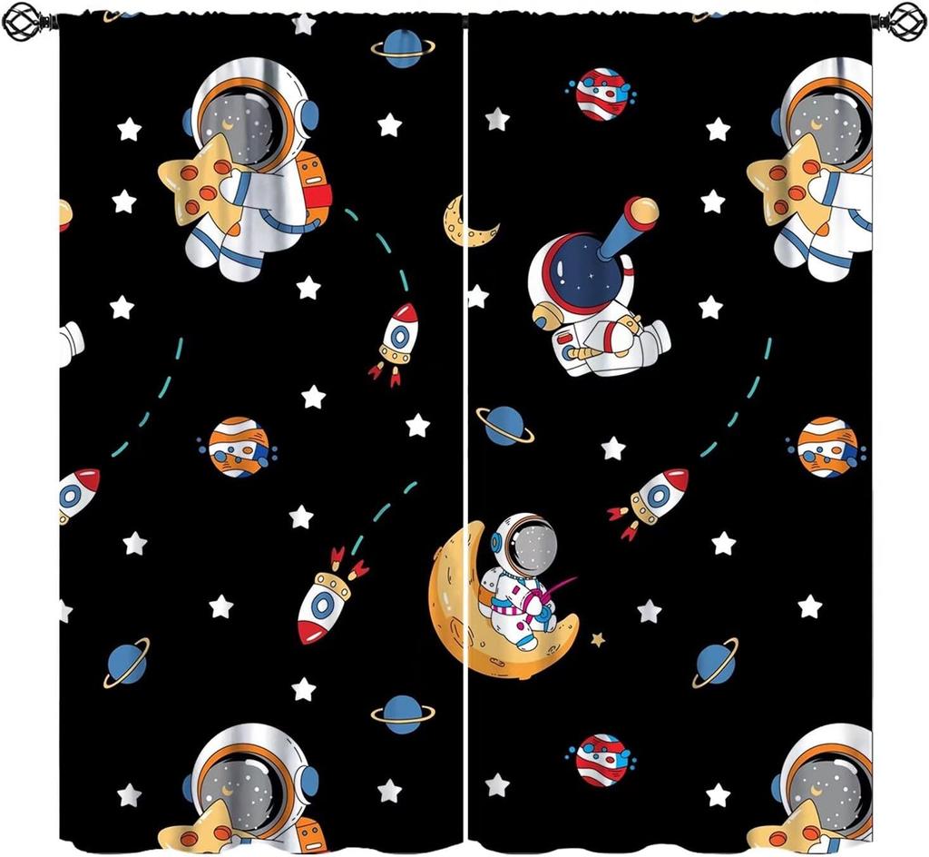 Outer Space Curtains Cartoon Astronaut Rocket Planets Stars Spaceman Universe Galaxy Print Window Kids Boys Made Of Polyester